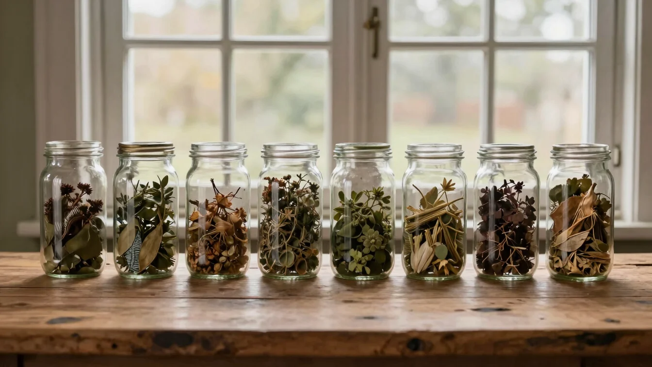 Glass jars with dried botanicals and herbs on a rustic wooden table, soft window light, warm organic tones