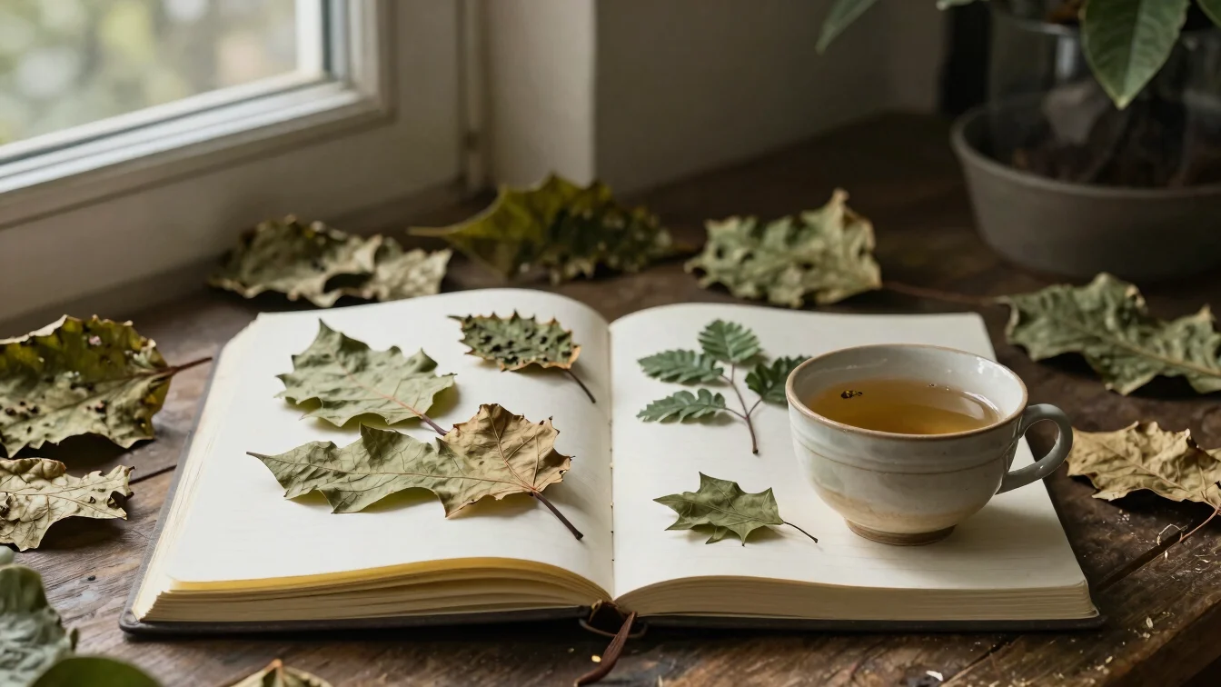 Open botanical notebook with dried leaves and a ceramic cup of infusion, morning light
