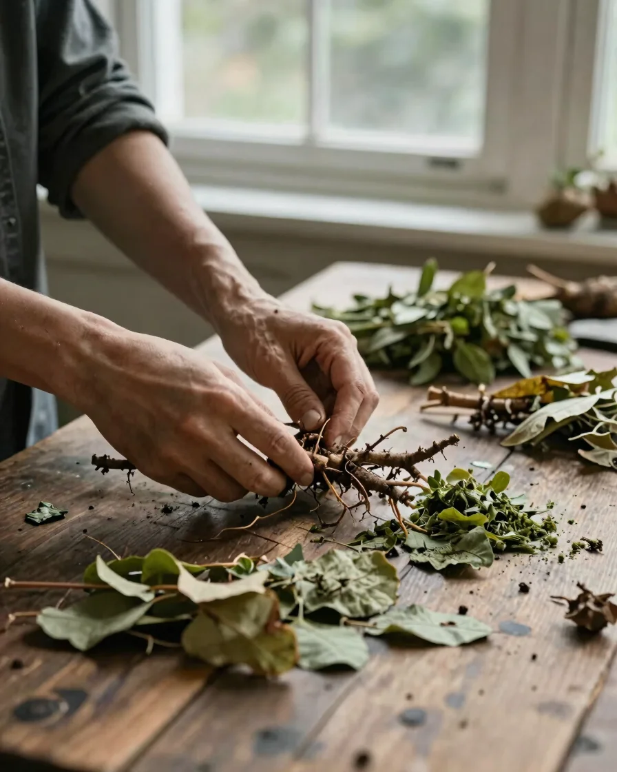 Hands sorting dry roots and botanical leaves on a weathered wooden table under soft natural window light, muted earth to